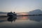 A cruise ship docking at dawn in Miami\\\'s port.