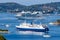 Cruise ship, ferry and boats in the Mediterranean Sea Aegean island of Skiathos, Greece