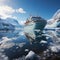 Cruise ship among glaciers. An unusual journey among the ice in the cold season. Difficult place for a boat. Snowy landscape