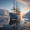 Cruise ship among glaciers. An unusual journey among the ice in the cold season. Difficult place for a boat. Snowy landscape