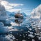 Cruise ship among glaciers. An unusual journey among the ice in the cold season. Difficult place for a boat. Snowy landscape