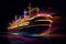 Cruise ship with glowing lines on black background. 3d rendering