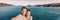 Cruise ship holiday travel vacation tourists taking selfie on summer holidays destination banner panorama .Interracial