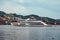 Cruise ship on lake Lucerne docking close to harbour overcast day