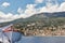 Cruise ship lifeboat and Bastia cityscape, Corsica, France