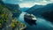 Cruise ship navigating through a narrow Norwegian fjord, towering rock walls.