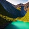 Cruise ship passes a narrow canyon of rock, one of the cyborgy natural wonders that can be found in Norwegian fjords. AI