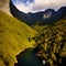 Cruise ship passes a narrow canyon of rock, one of the cyborgy natural wonders that can be found in Norwegian fjords. AI