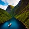 Cruise ship passes a narrow canyon of rock, one of the cyborgy natural wonders that can be found in Norwegian fjords. AI