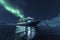 Cruise ship sailing amidst the captivating Northern Lights above a frozen sea, AI-generated.