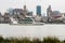 Cruise ship sailing on the Huangpu River, the bund of Shanghai, view from Pudong