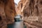 Cruise Ship Sailing Through Narrow Canyon, Majestic Scenery and Thrilling Adventure, Cruise ship passes a narrow canyon of rock,