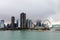 Cruise ship and smaller colorful boats docked at Navy Pier seen from Lake Michigan, Chicago