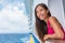 Cruise ship summer vacation. Travel woman tourist happy on luxury cruise getaway smiling at her holidays. Summer european