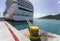 Cruise ship tied to steel bollard