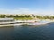 A cruise ship with tourists on the Volga stands at the pier on the central promenade of the city of Volgograd. Panorama of Volgogr