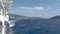 Cruise ship track with calm sea and cloudy sky in the morning at the Aegean Sea.