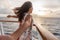 Cruise ship vacation travel woman enjoying freedom. Holiday tourist with open arms in front of boat feeling carefree in the