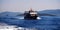 Cruise Ship. View of Lefkada, a green Ionian Greek Island, from a day cruise boat leaving Nidri Port, Lefkada island, Greece