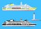 Cruise ships and lighthouse, isolated on blue, vector