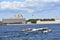 Cruise ships sail on the Neva river embankment in Saint-Petersburg