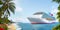 Cruise To Caribbean With Palm tree On Beach. Luxury cruise ship sailing to port on sunrise. Generative AI