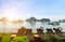 Cruise traditional ship sunbathing chair on the top sailing Ha Long Bay, Vietnam UNESCO World Heritage Site