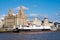 Cruiser ship docked at the Port of Liverpool with a view of the Three Graces