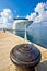 Cruiser ship tied on mooring bollard