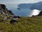 Cruiseship entering Honningsvaag fjord in summer