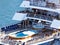 Cruising aerial view stern cruise ship pool area. cruise ship in the sea