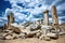 crumbled stone pillars against the sky in roman ruins