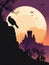 A crumbling castle silhouetted against a lavender sunset with a single raven perched in the foreound. Gothic art. AI