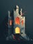 crumbling castle with a single narrow window illuminated by a burning candle. Gothic art. AI generation