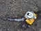 Crumpled a beer can on asphalt with spilled alcohol. Discarded broken carbonated drink can at a road. Problem social, crime.