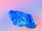 Crumpled blue plastic trash bag on pink background