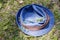 crumpled blue summer hat on grass in summer
