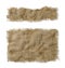 Crumpled burlap rectangular and oblong pieces isolated on white background. Natural color sackcloth patch with torn edges. Rough