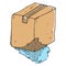 Crumpled cardboard box. Vector cardboard box sealed with adhesive tape. Uneven box.  Hand drawn damaged box with a damaged side