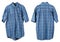 A crumpled old checkered cotton blue man`s shirt hangs on a han