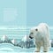 Crumpled paper background with polar bear and snow forest and mountines on horizont