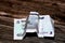 Crumpled Saudi Arabia money of 5 SAR five riyals isolated on wooden background, wrinkled 5 Saudi Riyals cash bill banknote,