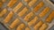 Crunchy breaded fish sticks made from wild caught Alaskan Pollock close-up on a baking pan, just from the oven