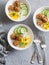Crunchy fish balls, rice and mango on a grey background, top view. Delicious appetizer