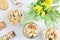 Crunchy muesli bars with yogurt and mimosa top view