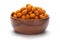 Crunchy Peanut In hand-made handcrafted wooden bowl, made with besan coated peanuts. Pile of Indian spicy snacks Namkeen