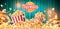 Crunchy popcorn snack ad poster with striped buckets and grains. Sweet or salt cinema food commercial. Flying tasty