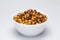 Crunchy Roasted Chana Masala in a white ceramic bowl Top Lighting