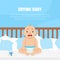 Crying Baby Banner with Place for Text, Cute Little Baby in Diaper Sitting in the Bed and Crying Vector Illustration
