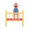 Crying baby stands holding side of cot flat cartoon style